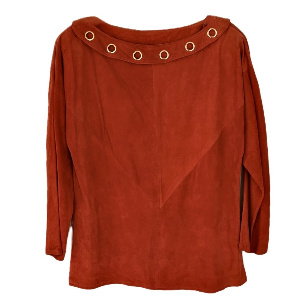 Vakko Vintage Suede Pullover Top Boat Neck Long Sleeve Autumn Rust Size M